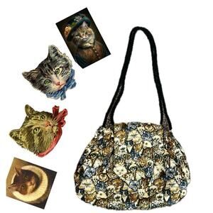 VTG ARTIFACTS HANDMADE CATS CROSSBODY BAG SILK KITTY CATS LOVER EMBELLISHED RARE